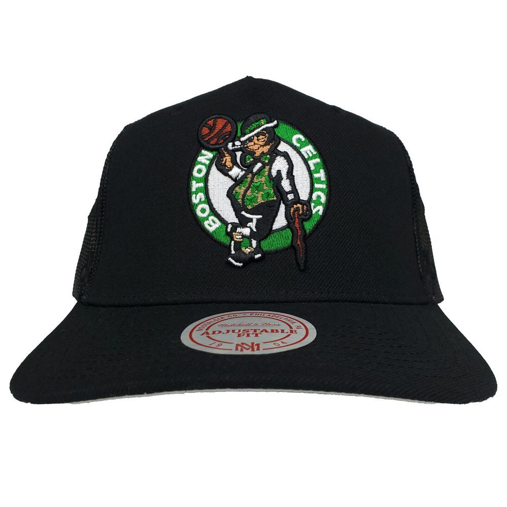 Boston Celtics Mitchell & Ness Trucker Snapback Hat Cap 3D Logo Black NWT